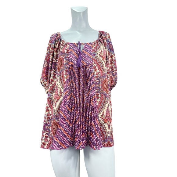 Women's one world live & let live L  short sleeve tasselled tie‎ multicolor Top - Picture 1 of 8